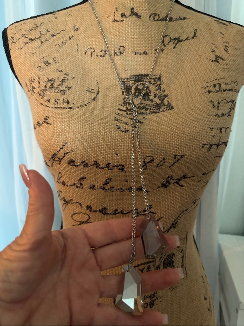 Chico's Silver Long Lariat Necklace with Geometric Glass Faceted Pendants